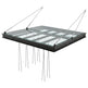 Glass roof structure with metal support on a white background