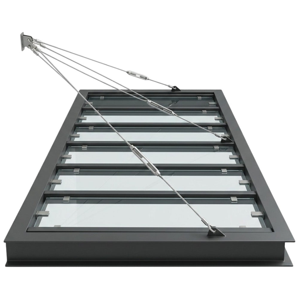 Metal roof window with glass panels and manual crank on a white background