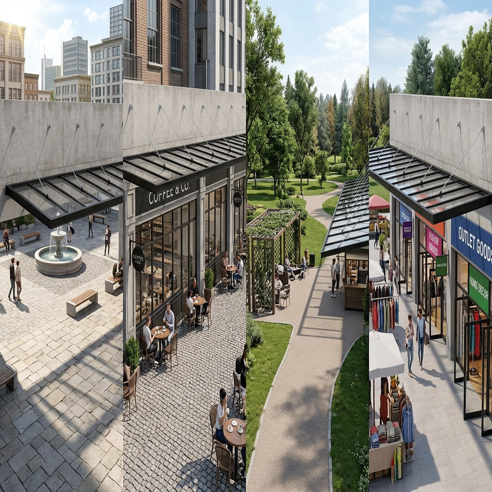 Outdoor shopping area with people walking and sitting, featuring a Caffeè & Co. cafe.