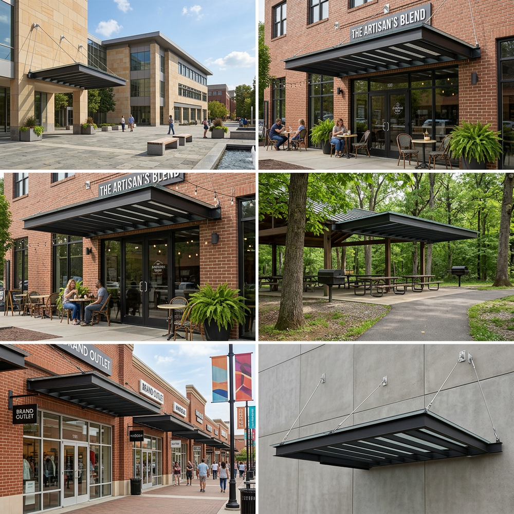 Collage of various outdoor awnings and building exteriors with 'The Artisan's Blend' branding.