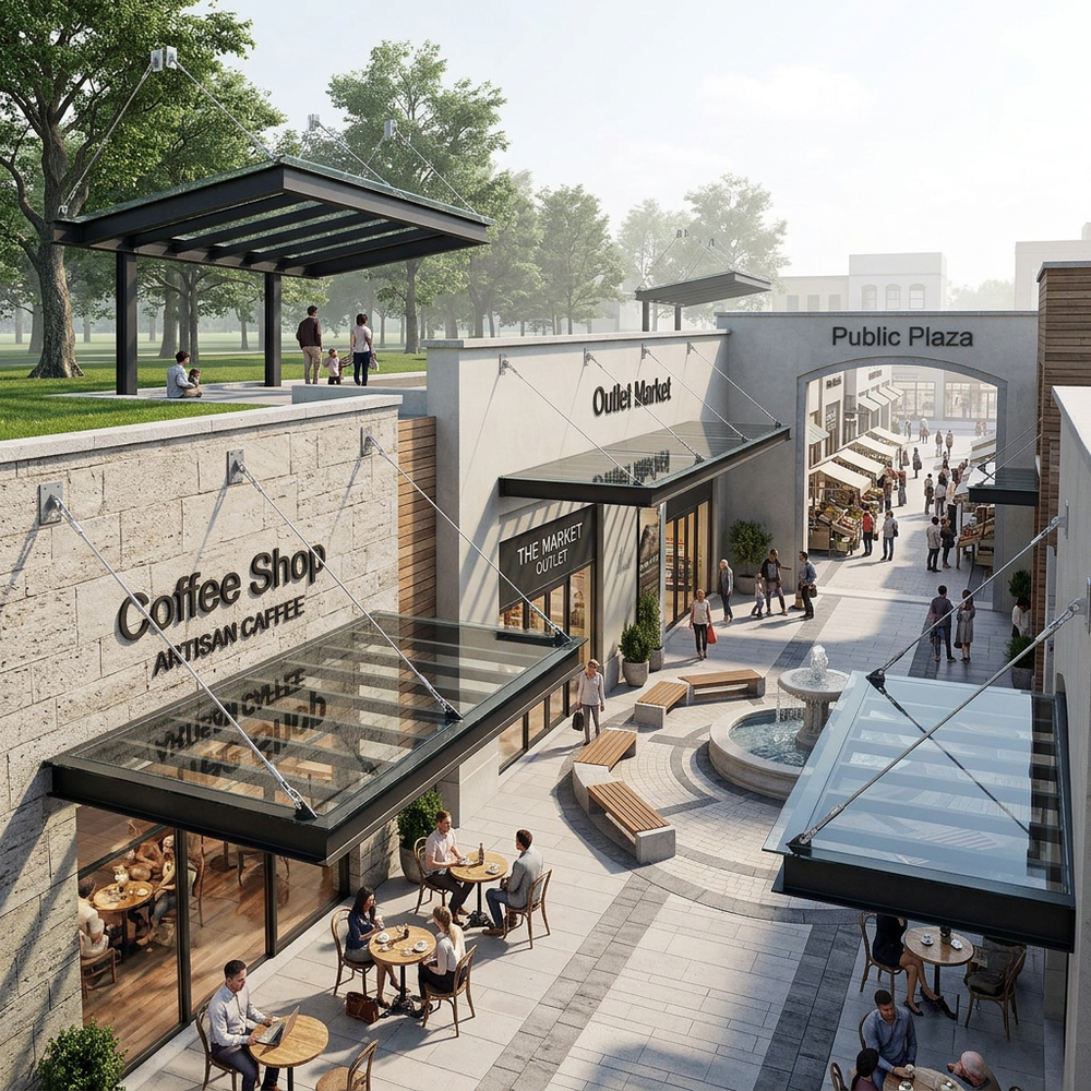 Outdoor shopping area with coffee shop, market, and public plaza.