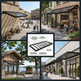 Collage of outdoor shopping area with people, trees, and architectural elements.