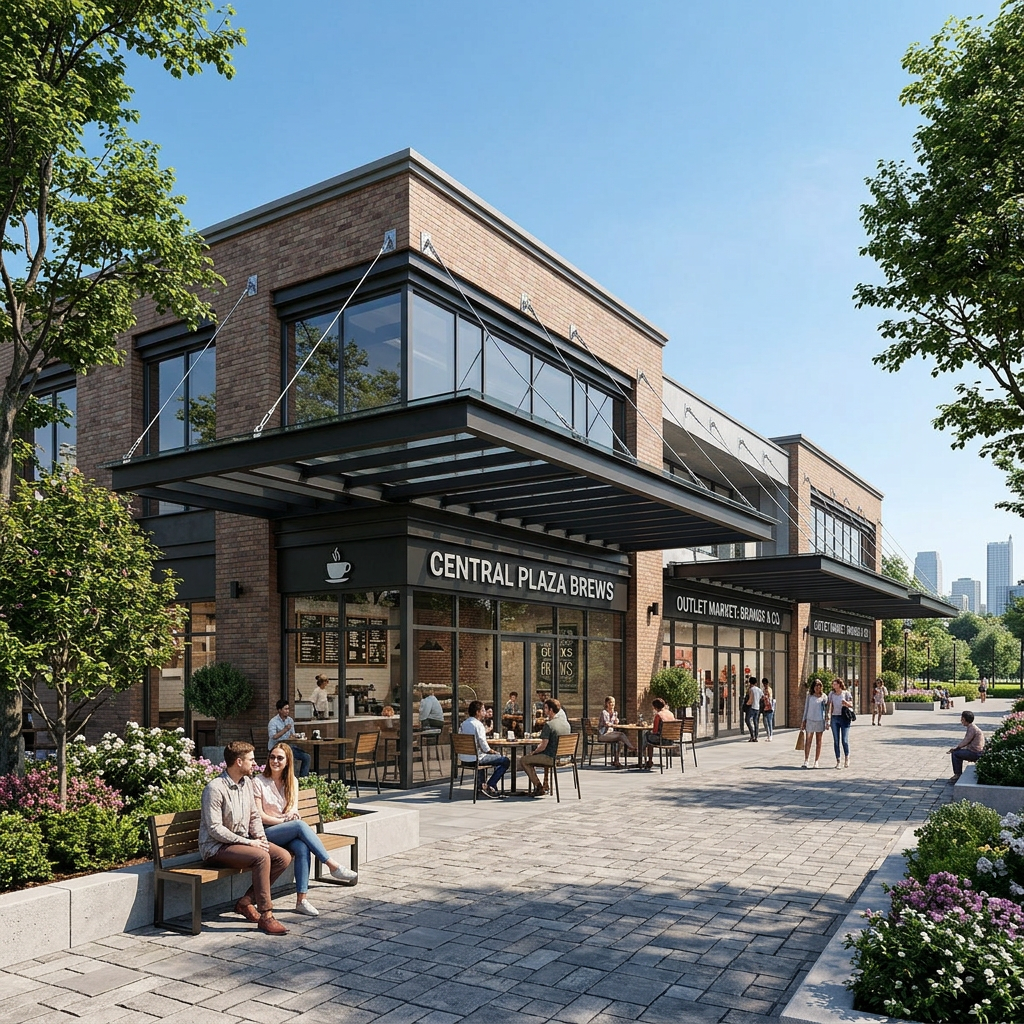 Commercial building with 'Central Plaza Brews' sign, people sitting outside on a sunny day.