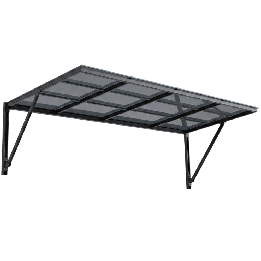 Black metal shelf with grid design on a white background