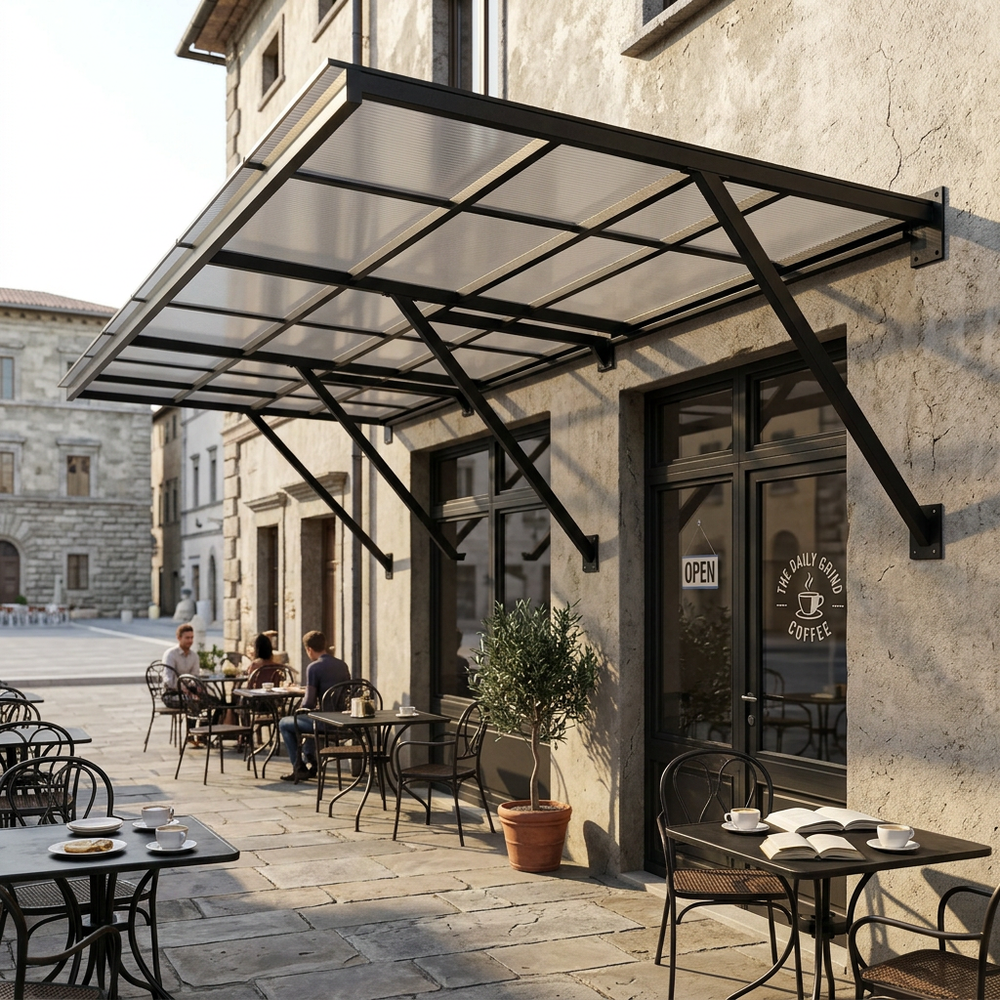 Outdoor cafe with tables and chairs under a large metal awning on a stone building.