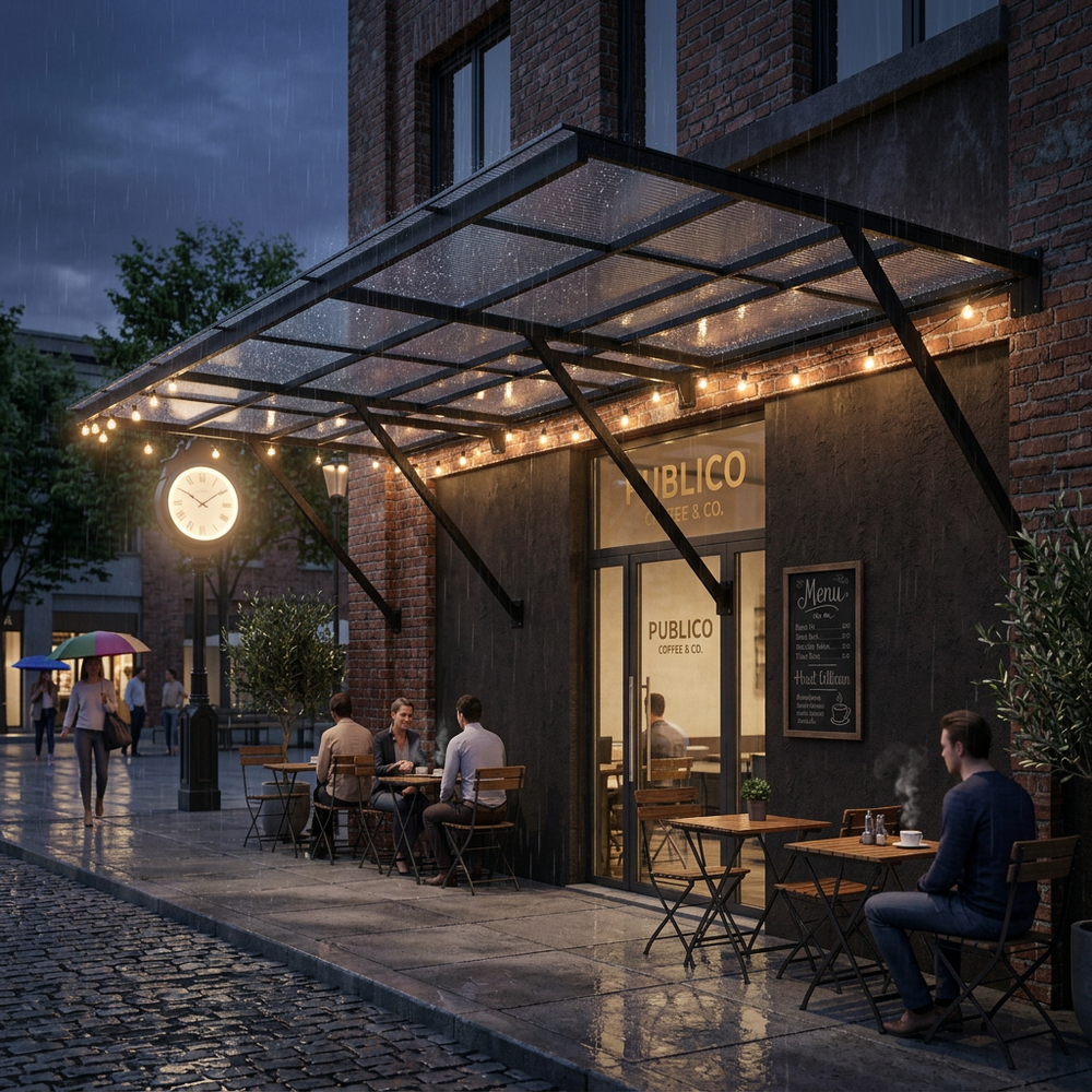 People dining outside a cafe with a glass canopy and brick building facade.