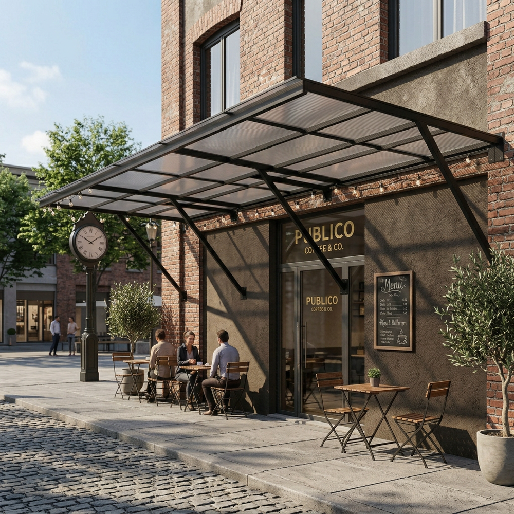 Outdoor seating area in front of a brick building with 'Póblico Coffee & Co' sign.