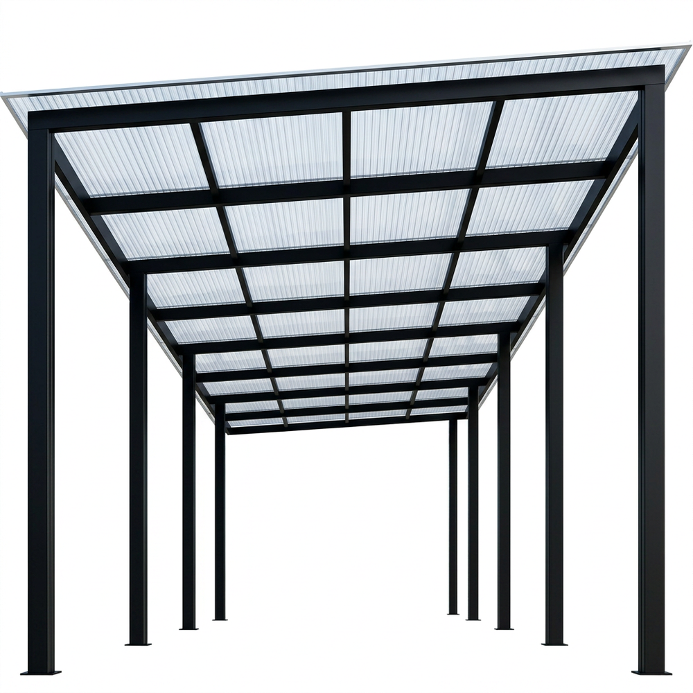 Metal carport structure with a transparent roof on a white background