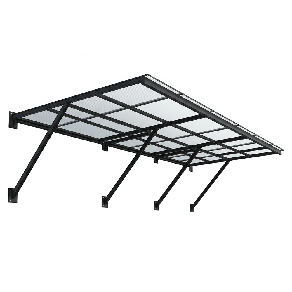 Metal carport structure with transparent roof panels on a white background