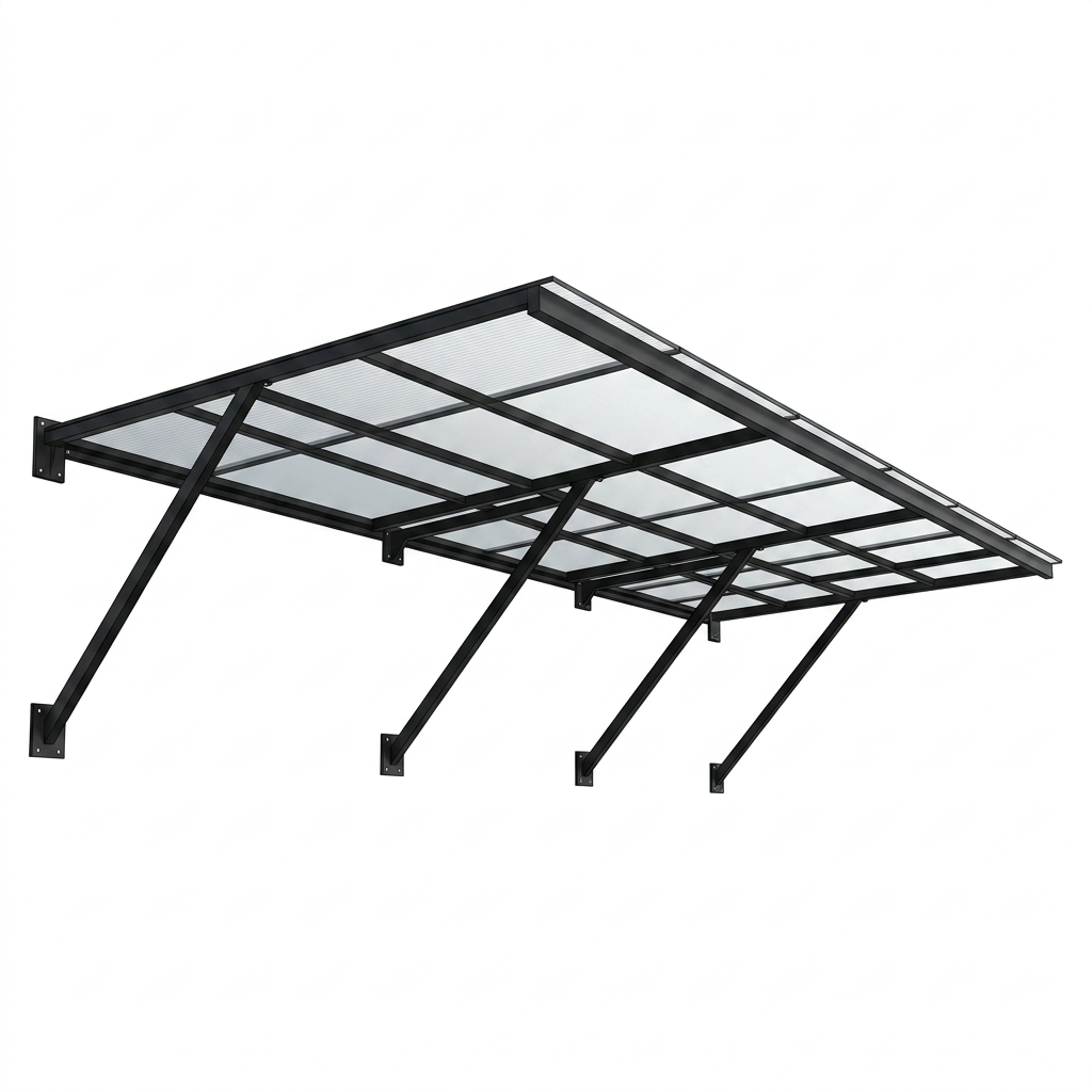 Metal carport structure with transparent roof panels on a white background
