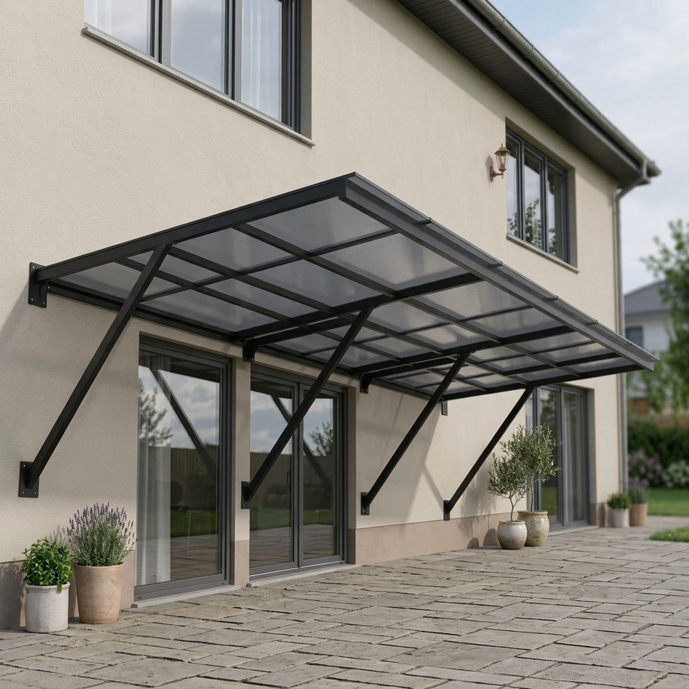 Patio cover attached to a house with potted plants on a stone patio