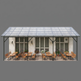 Outdoor patio with tables, chairs, and a canopy on a gray background