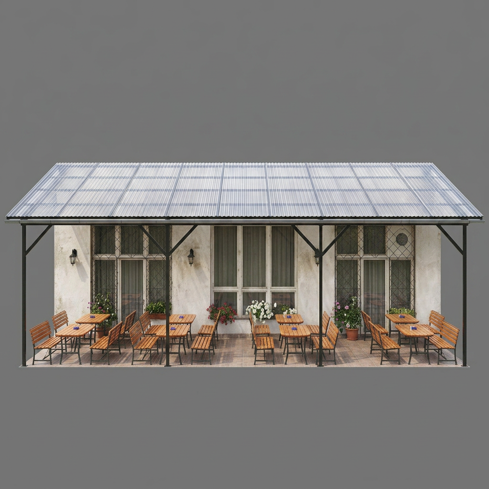 Outdoor patio with tables, chairs, and a canopy on a gray background