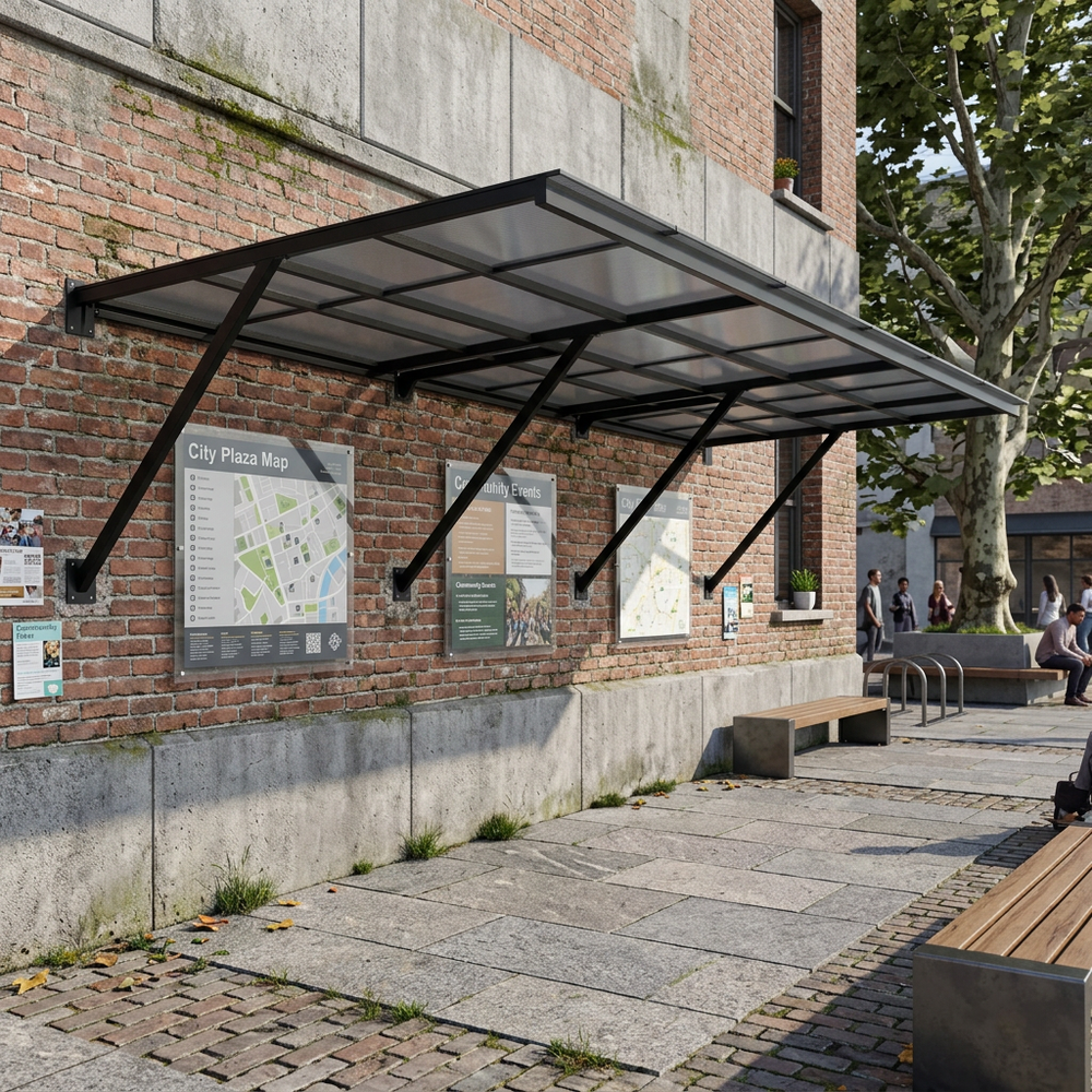 Outdoor setting with a brick building, awning, and city map on a wall.