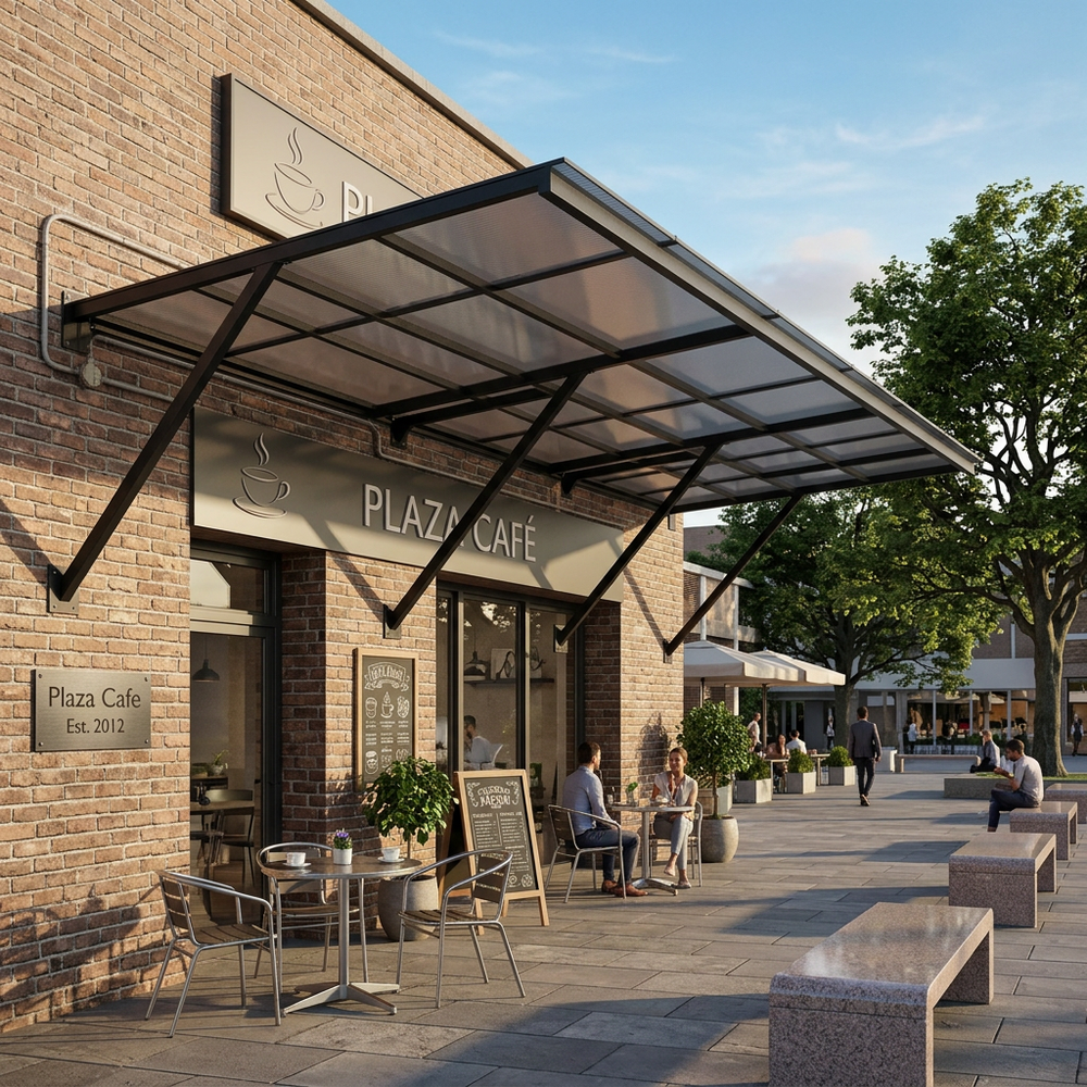 Plaza Cafe with outdoor seating area on a sunny day