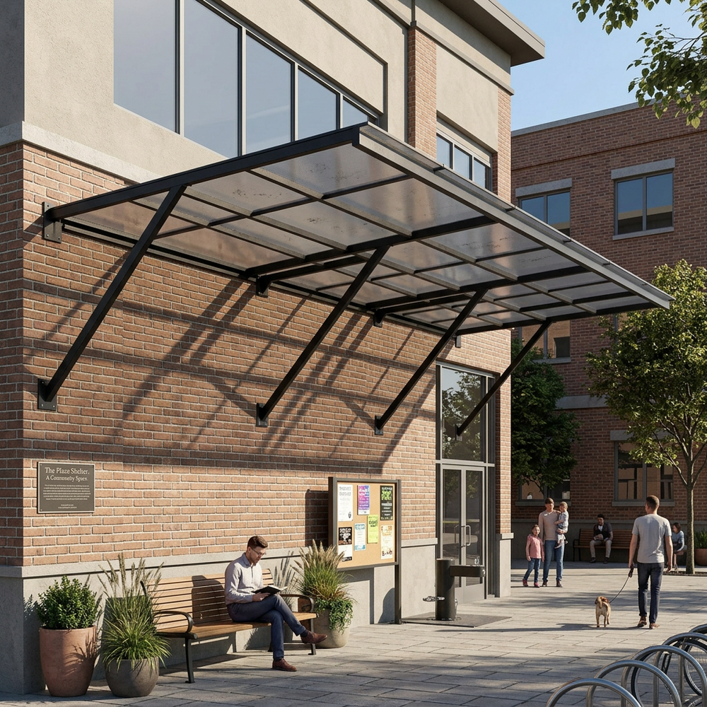 Outdoor awning attached to a brick building with people in the background