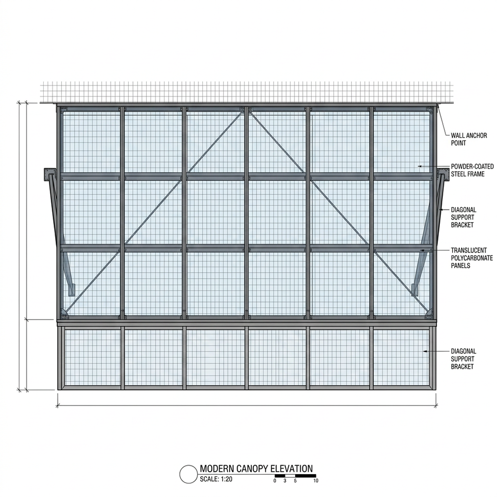 Technical drawing of a modern canopy with labeled components on a grid background