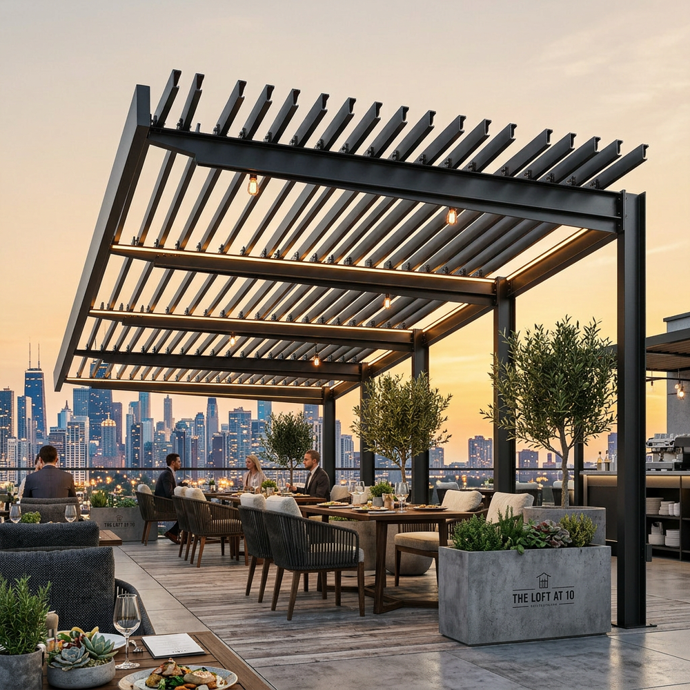 Outdoor dining area with a pergola overlooking a city skyline at sunset.