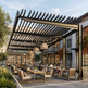 Outdoor cafe with pergola and people sitting at tables under a clear sky