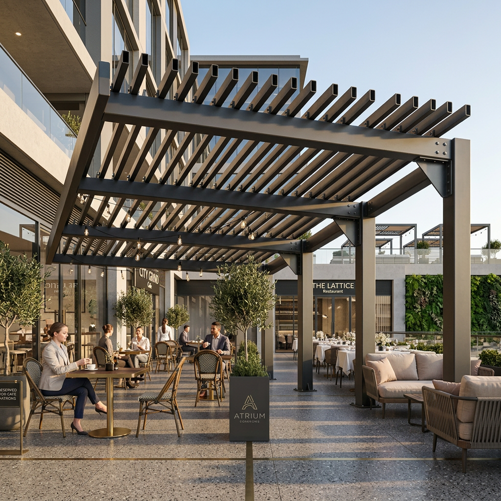 Outdoor seating area with people dining under a pergola in a modern building setting.