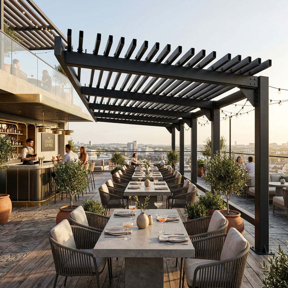 Outdoor dining area with tables, chairs, and a pergola on a rooftop.