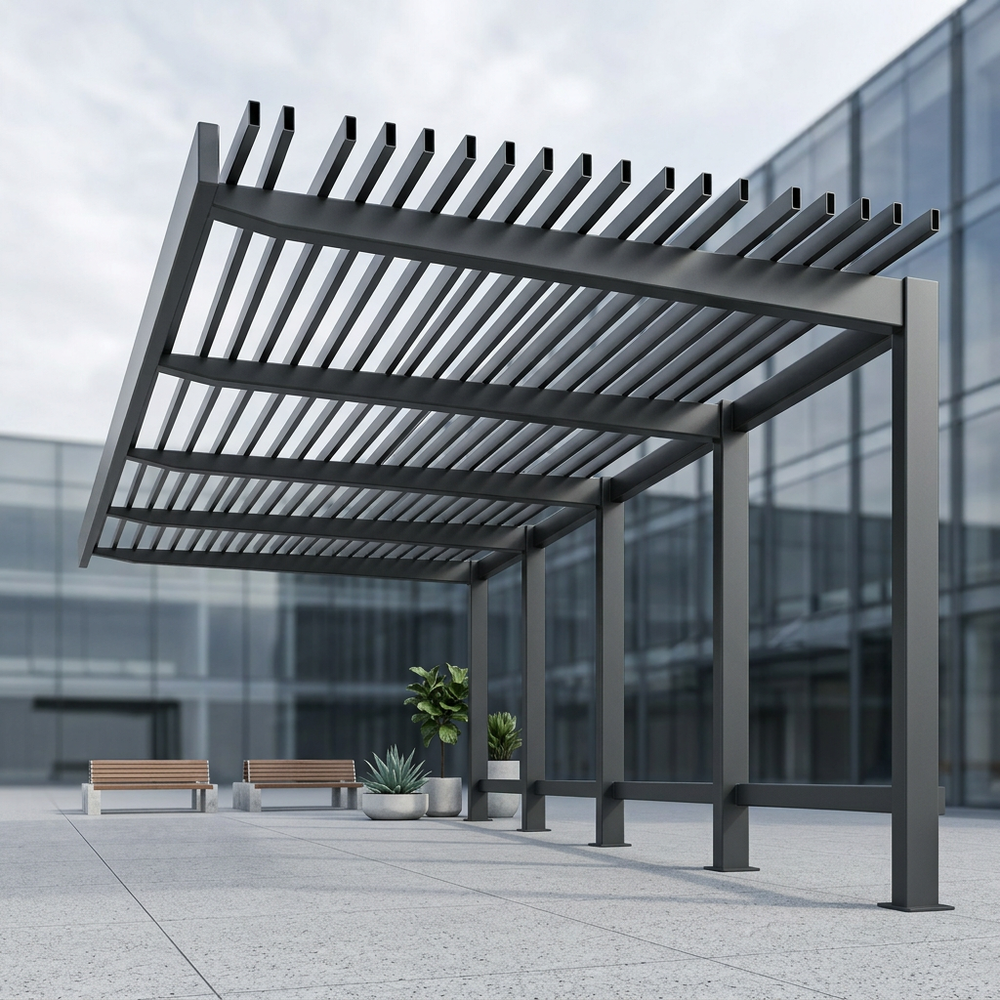 Modern pergola structure with benches and plants in an urban setting