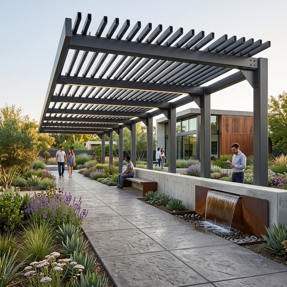 Patio with pergola, water feature, and people walking in a garden setting