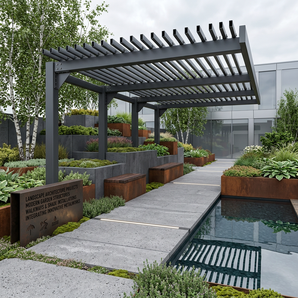 Modern garden with a pergola, water feature, and landscaped area.