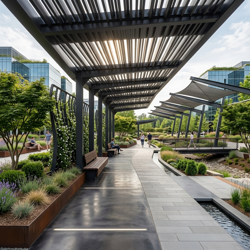 Modern outdoor walkway with pergolas and greenery in an urban setting