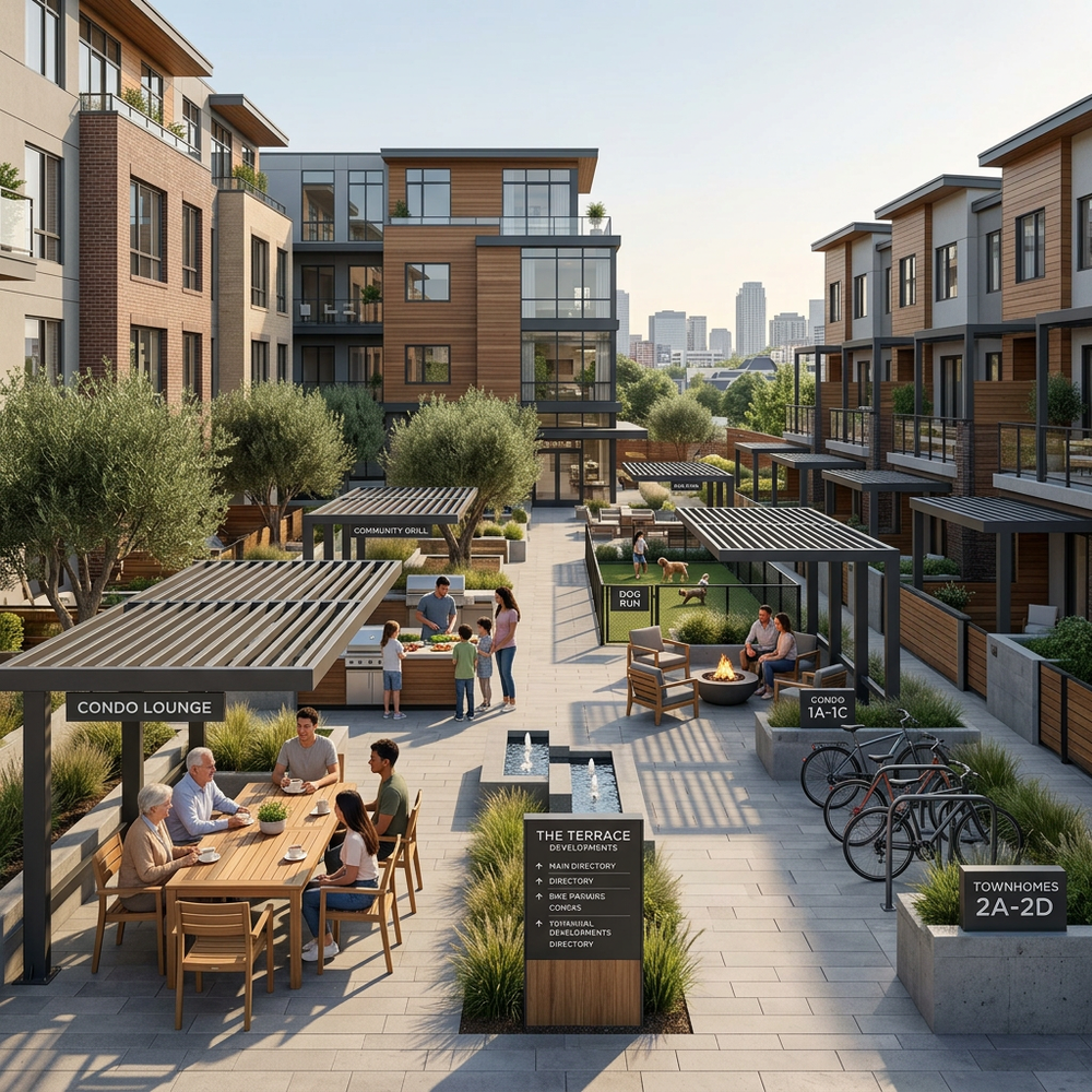 Outdoor communal area with people sitting at tables, surrounded by modern apartment buildings.