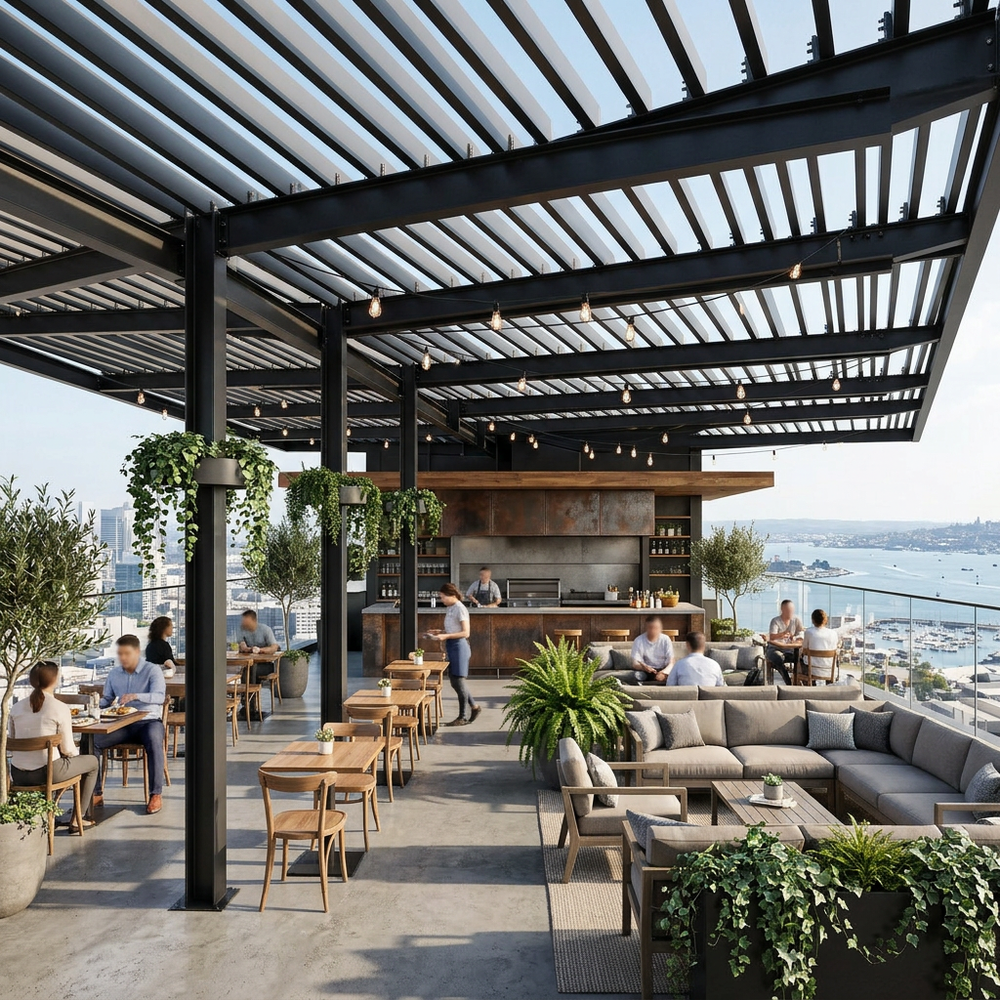 Outdoor rooftop restaurant with tables, chairs, and a panoramic view of a harbor.