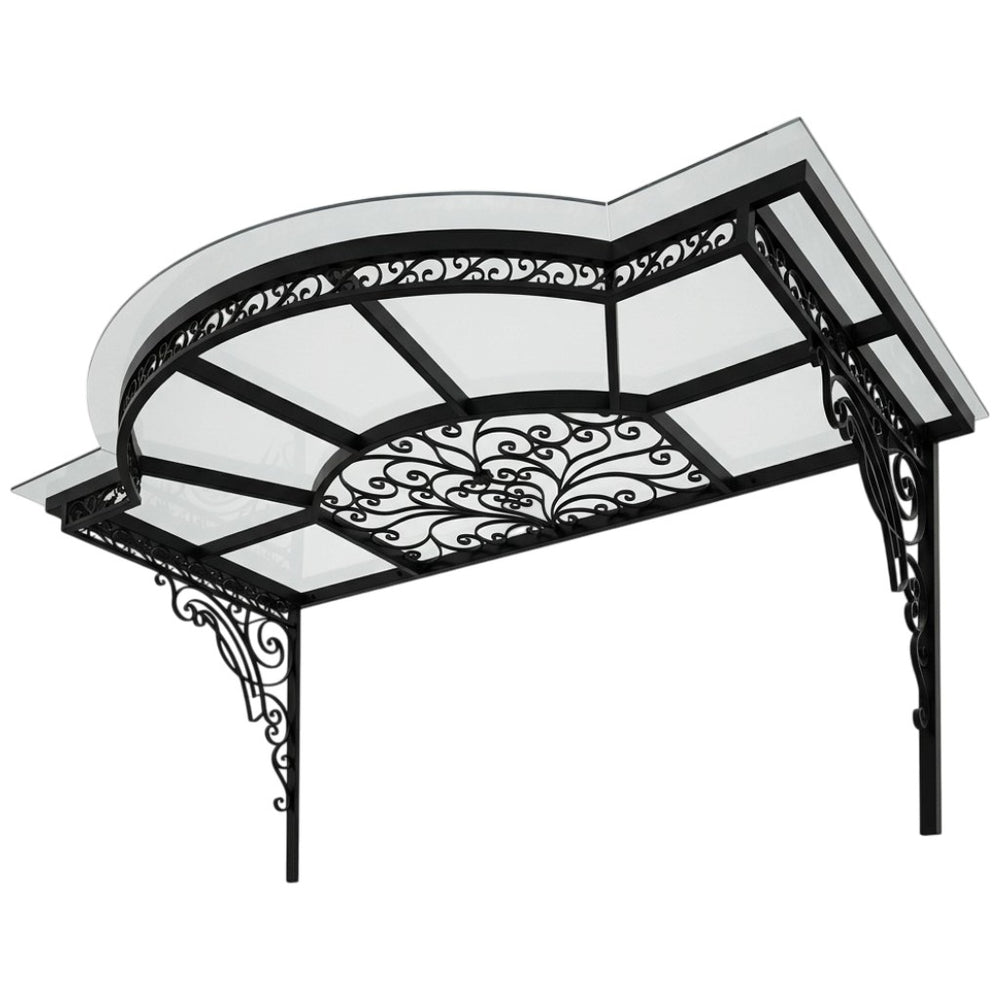 Decorative metal canopy with intricate designs on a white background