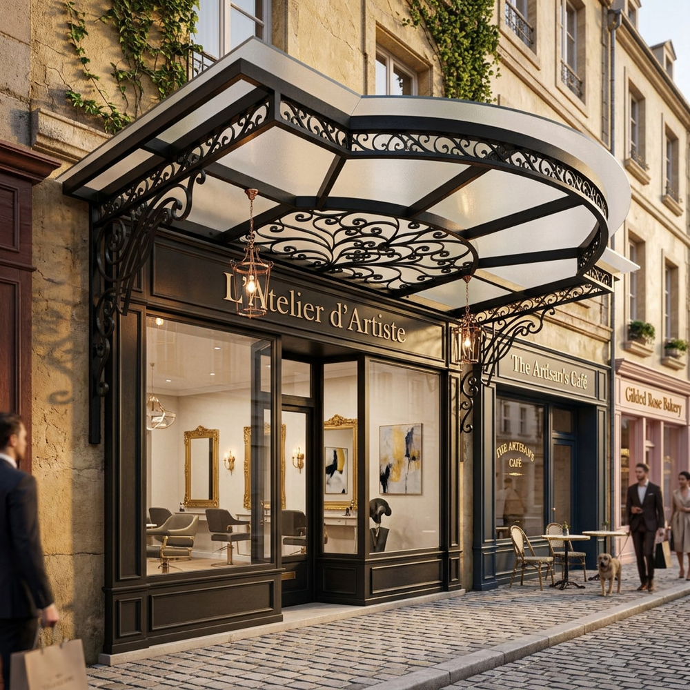 Luxury store front with decorative canopy and 'L'Atelier d'Artiste' sign on a cobbled street.