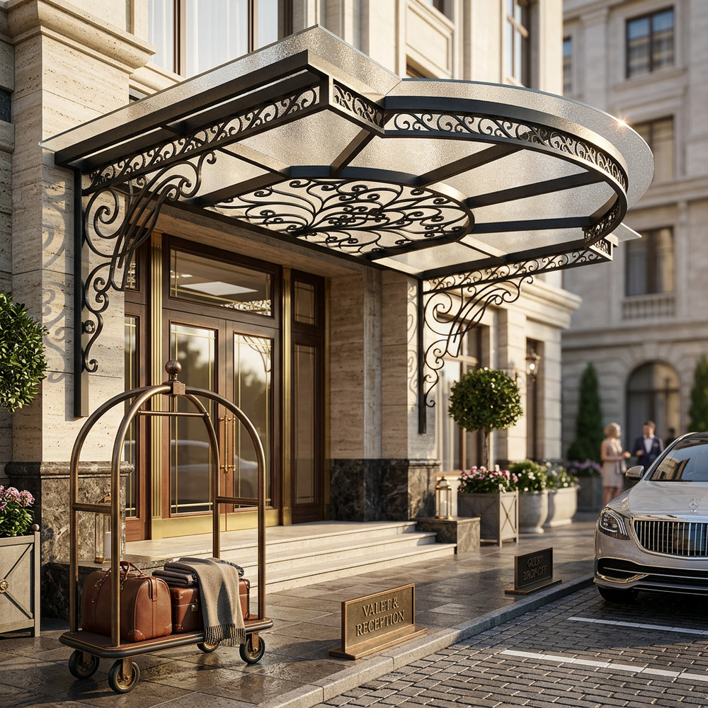 Luxury hotel entrance with decorative canopy, luggage cart, and car in front.