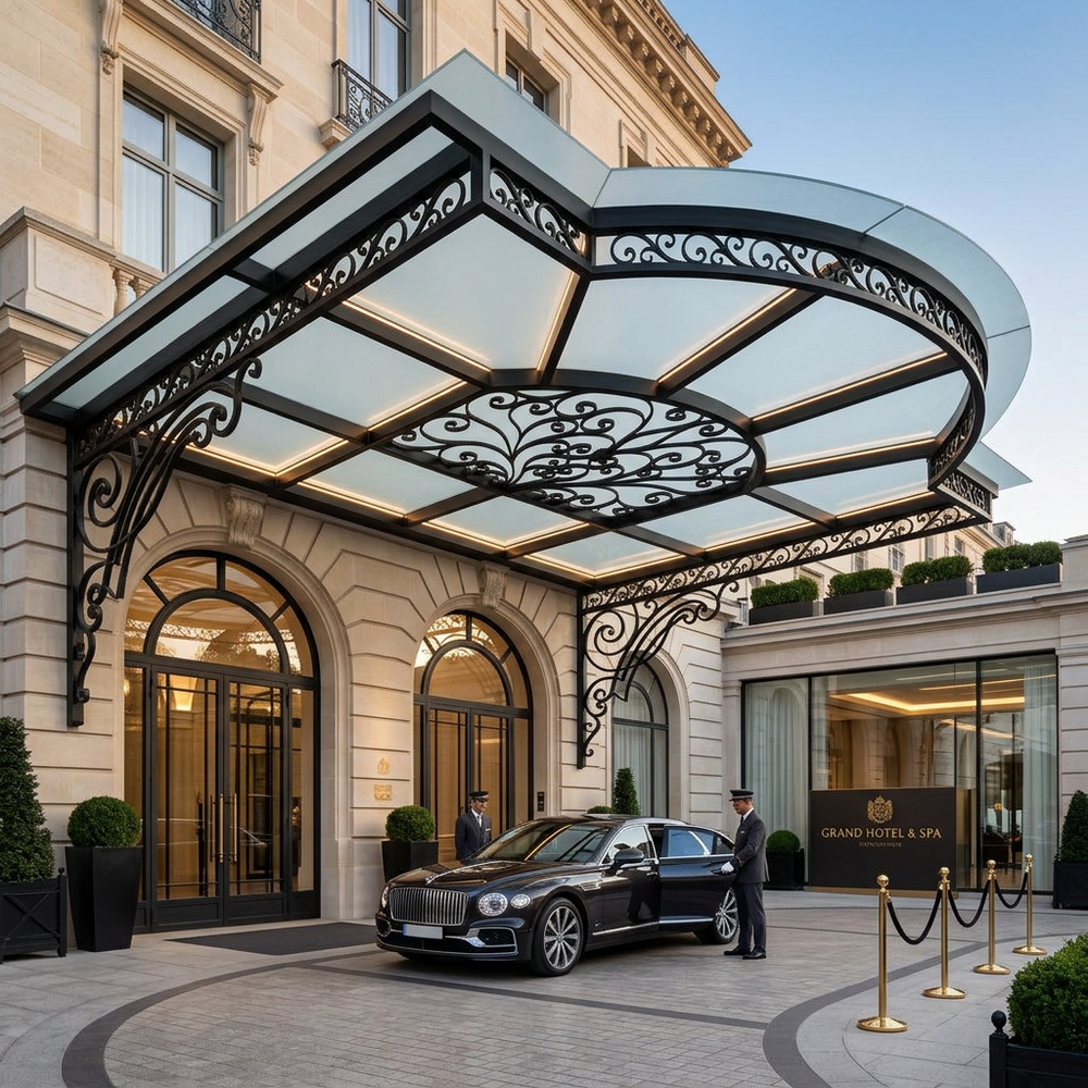 Luxury car parked in front of a grand hotel entrance with decorative canopy