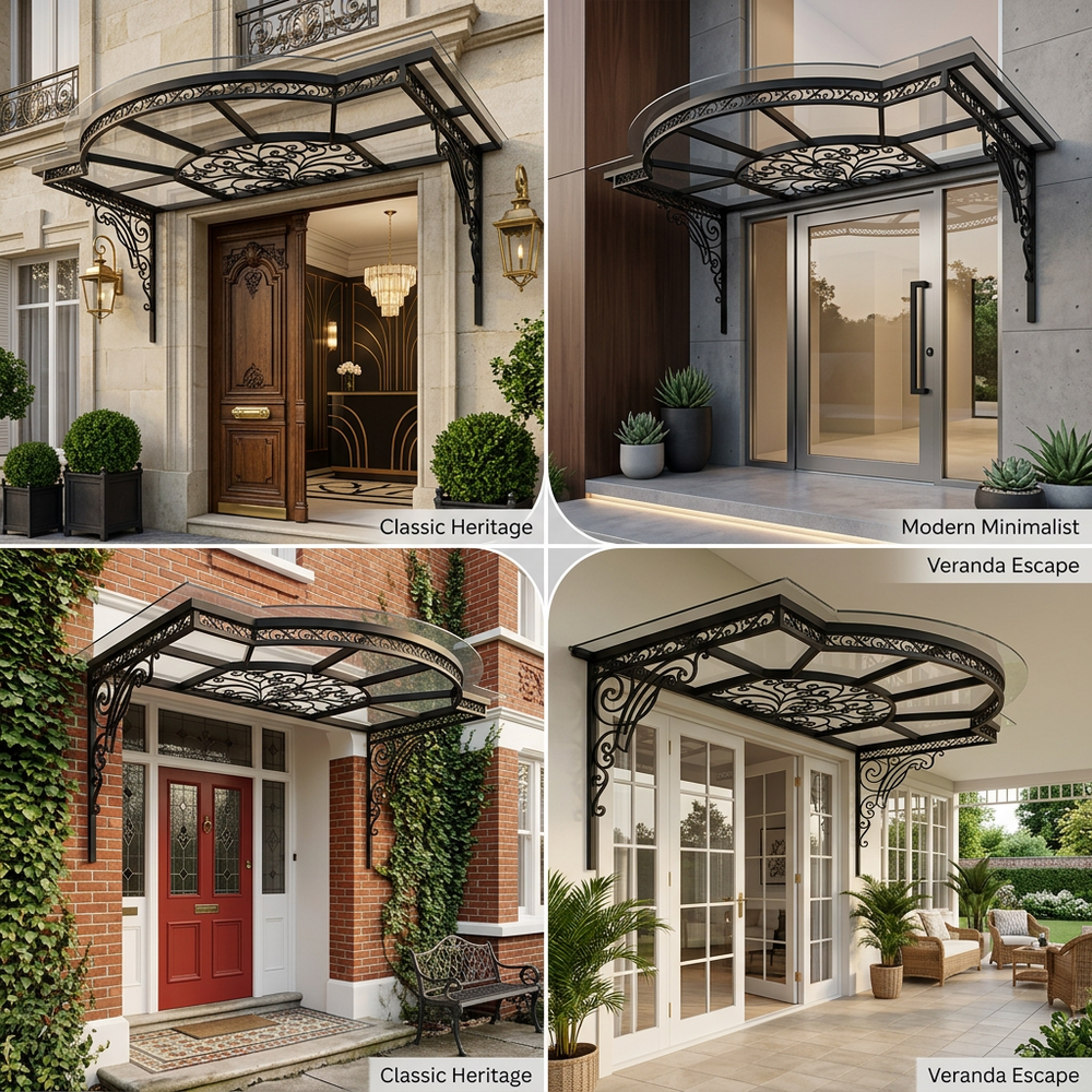 Collage of four different types of decorative canopies with architectural styles labeled 'Classic Heritage' and 'Modern Minimalist'.