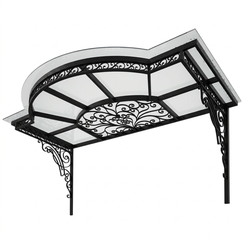 Decorative metal canopy with intricate designs on a white background