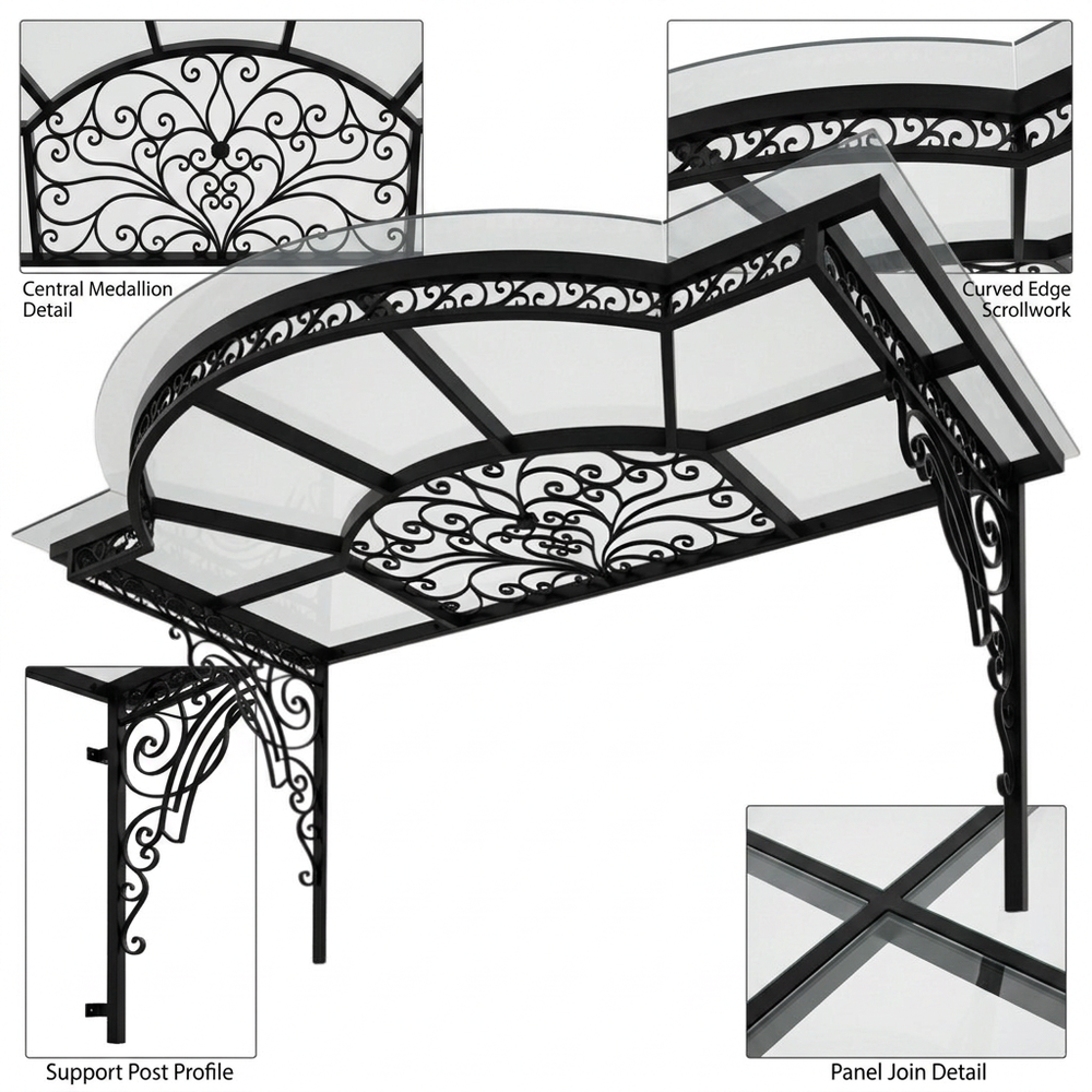 Decorative metal bench with intricate designs on a white background