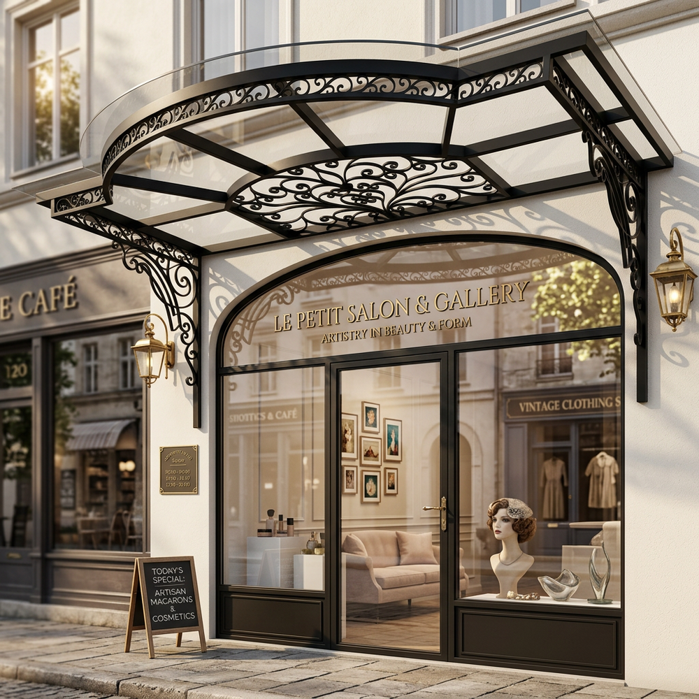 Decorative canopy over a store entrance with 'Le Petit Salon & Gallery' sign.