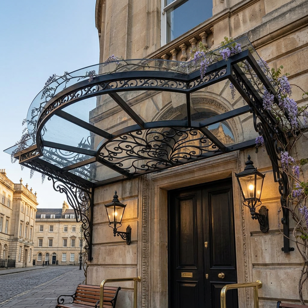 Decorative metal canopy over a building entrance with wisteria, street lamps, and a bench.