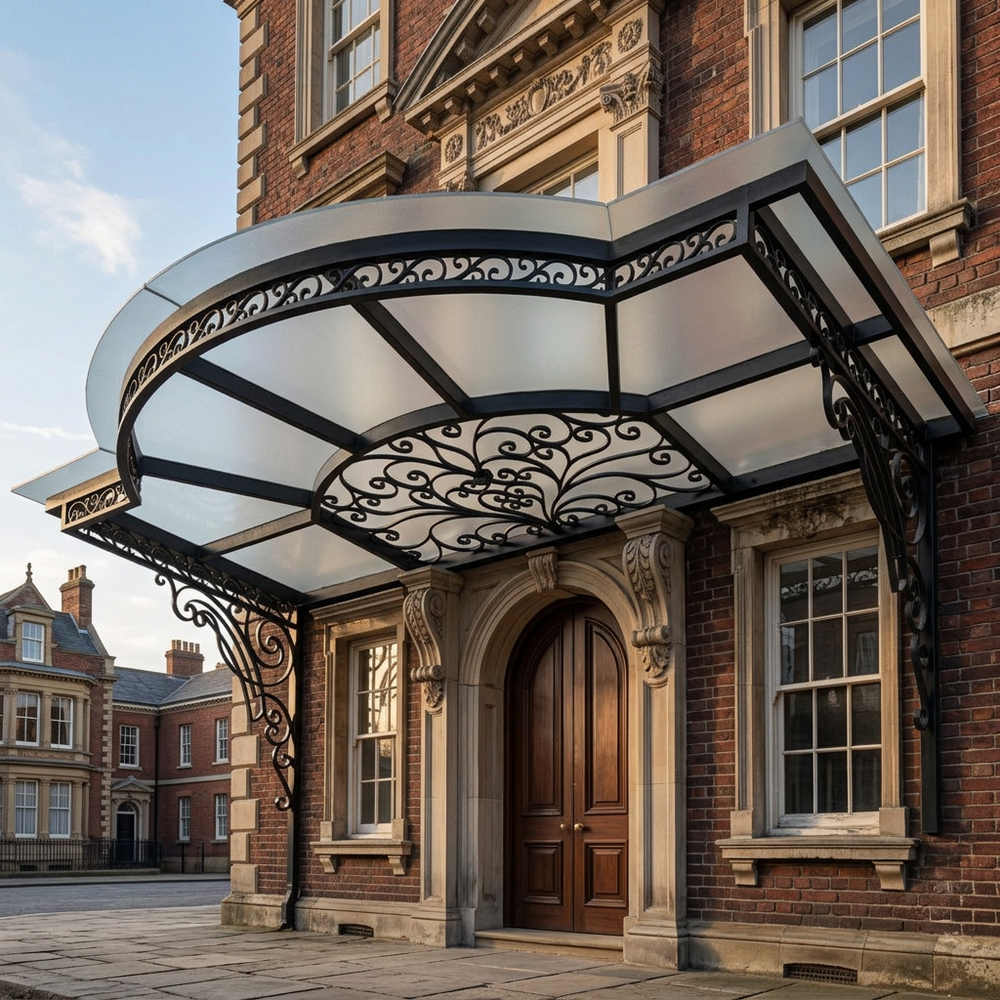 Decorative canopy over a door of a brick building with intricate ironwork