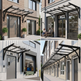 Collage of four images showing black metal canopies over various doorways.