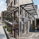 Two images showing black metal awnings on residential and commercial buildings.