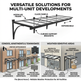 Diagram of a modular weather protection system for multi-unit developments with labeled features and applications.