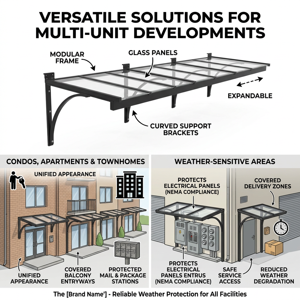 Diagram of a modular weather protection system for multi-unit developments with labeled features and applications.