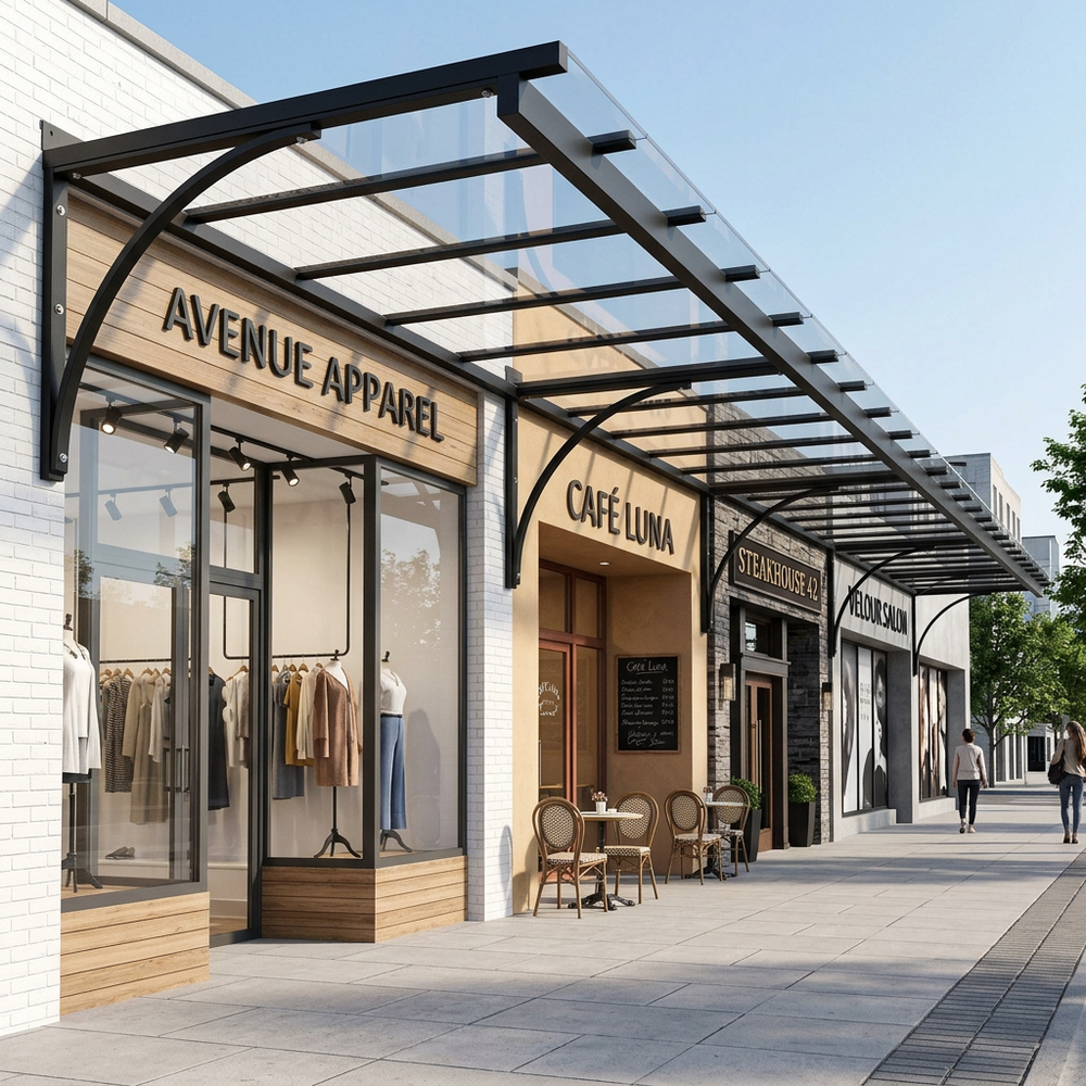 Outdoor shopping area with 'Avenue Apparel' and 'Café Luna' stores under a glass canopy.