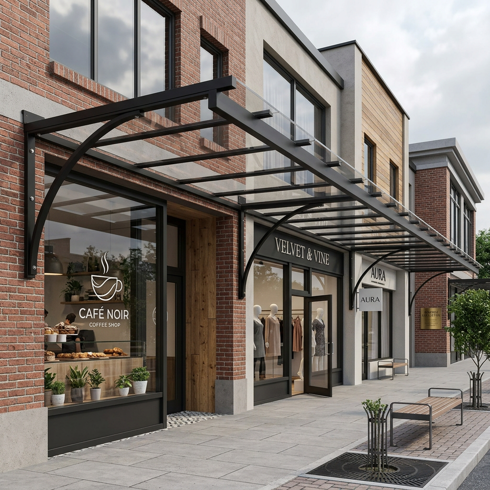 Commercial building with storefronts including Café Noir and Velvet & Vine.
