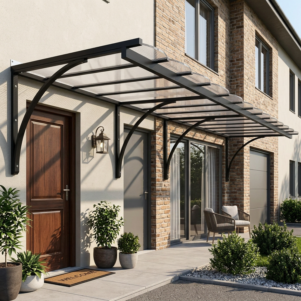 Front entrance of a house with a clear glass awning, wooden door, and potted plants.