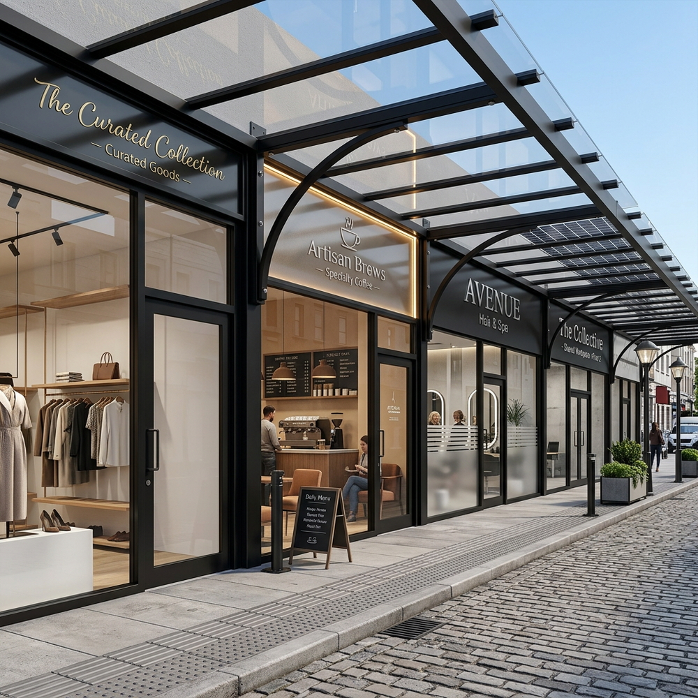 Modern street view with a row of shops including 'Artisan Brews' and 'Avenue'.