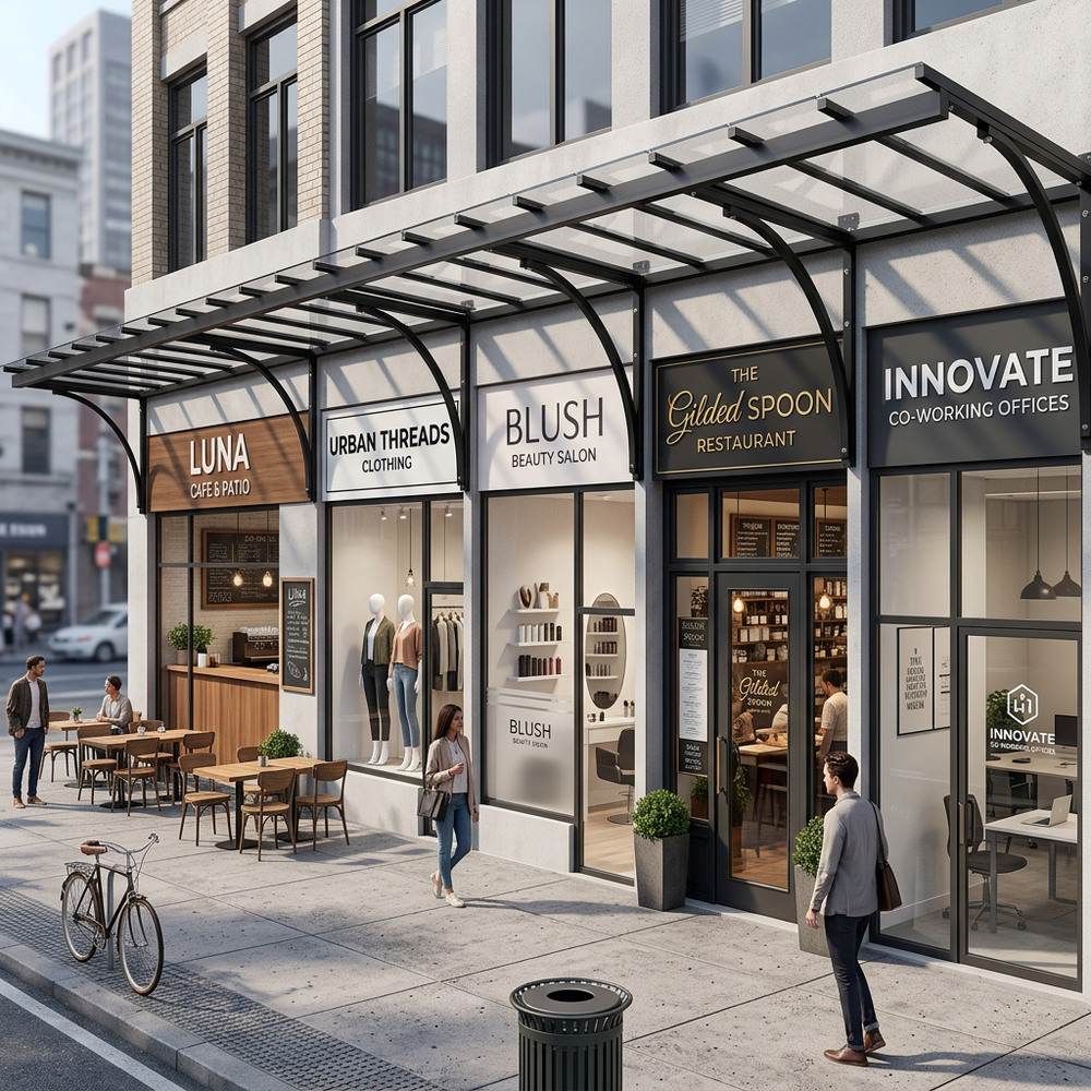 Commercial building with various businesses including a restaurant and co-working offices.